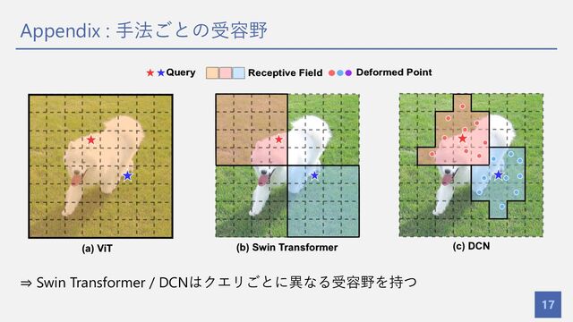 ⇒ Swin Transformer / DCNはクエリごとに異なる受容野を持つ
Appendix : ⼿法ごとの受容野
17
