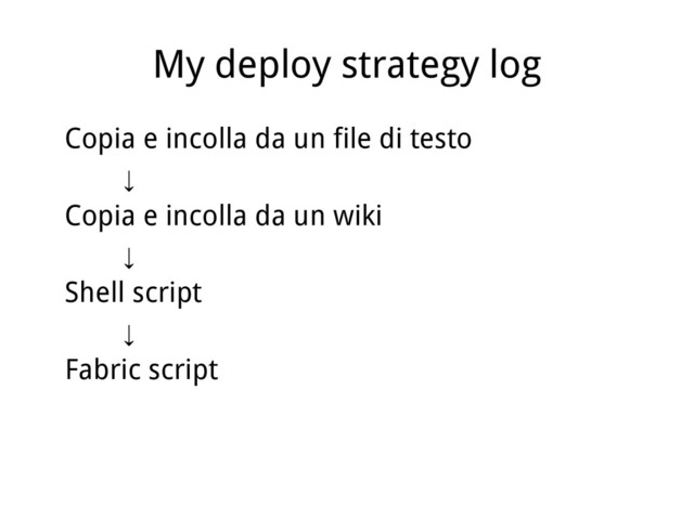 My deploy strategy log
Copia e incolla da un file di testo
↓
Copia e incolla da un wiki
↓
Shell script
↓
Fabric script
