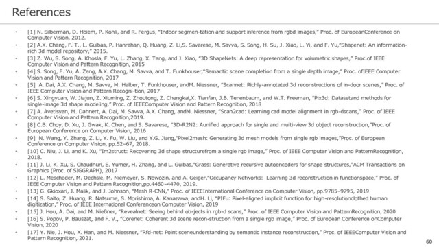 References
60
• [1] N. Silberman, D. Hoiem, P. Kohli, and R. Fergus, “Indoor segmen-tation and support inference from rgbd images,” Proc. of EuropeanConference on
Computer Vision, 2012.
• [2] A.X. Chang, F. T., L. Guibas, P. Hanrahan, Q. Huang, Z. Li,S. Savarese, M. Savva, S. Song, H. Su, J. Xiao, L. Yi, and F. Yu,“Shapenet: An information-
rich 3d model repository,” 2015.
• [3] Z. Wu, S. Song, A. Khosla, F. Yu, L. Zhang, X. Tang, and J. Xiao, “3D ShapeNets: A deep representation for volumetric shapes,” Proc.of IEEE
Computer Vision and Pattern Recognition, 2015
• [4] S. Song, F. Yu, A. Zeng, A.X. Chang, M. Savva, and T. Funkhouser,“Semantic scene completion from a single depth image,” Proc. ofIEEE Computer
Vision and Pattern Recognition, 2017
• [5] A. Dai, A.X. Chang, M. Savva, M. Halber, T. Funkhouser, andM. Niessner, “Scannet: Richly-annotated 3d reconstructions of in-door scenes,” Proc. of
IEEE Computer Vision and Pattern Recogni-tion, 2017
• [6] S. Xingyuan, W. Jiajun, Z. Xiuming, Z. Zhoutong, Z. Chengkai,X. Tianfan, J.B. Tenenbaum, and W.T. Freeman, “Pix3d: Datasetand methods for
single-image 3d shape modeling,” Proc. of IEEEComputer Vision and Pattern Recognition, 2018
• [7] A. Avetisyan, M. Dahnert, A. Dai, M. Savva, A.X. Chang, andM. Niessner, “Scan2cad: Learning cad model alignment in rgb-dscans,” Proc. of IEEE
Computer Vision and Pattern Recognition,2019.
• [8] C.B. Choy, D. Xu, J. Gwak, K. Chen, and S. Savarese, “3D-R2N2: Aunified approach for single and multi-view 3d object reconstruction,”Proc. of
European Conference on Computer Vision, 2016
• [9] N. Wang, Y. Zhang, Z. Li, Y. Fu, W. Liu, and Y.G. Jiang,“Pixel2mesh: Generating 3d mesh models from single rgb images,”Proc. of European
Conference on Computer Vision, pp.52–67, 2018.
• [10] C. Niu, J. Li, and K. Xu, “Im2struct: Recovering 3d shape structurefrom a single rgb image,” Proc. of IEEE Computer Vision and PatternRecognition,
2018.
• [11] J. Li, K. Xu, S. Chaudhuri, E. Yumer, H. Zhang, and L. Guibas,“Grass: Generative recursive autoencoders for shape structures,”ACM Transactions on
Graphics (Proc. of SIGGRAPH), 2017
• [12] L. Mescheder, M. Oechsle, M. Niemeyer, S. Nowozin, and A. Geiger,“Occupancy Networks: Learning 3d reconstruction in functionspace,” Proc. of
IEEE Computer Vision and Pattern Recognition,pp.4460–4470, 2019.
• [13] G. Gkioxari, J. Malik, and J. Johnson, “Mesh R-CNN,” Proc. of IEEEInternational Conference on Computer Vision, pp.9785–9795, 2019
• [14] S. Saito, Z. Huang, R. Natsume, S. Morishima, A. Kanazawa, andH. Li, “PIFu: Pixel-aligned implicit function for high-resolutionclothed human
digitization,” Proc. of IEEE International Conferenceon Computer Vision, 2019
• [15] J. Hou, A. Dai, and M. Nießner, “Revealnet: Seeing behind ob-jects in rgb-d scans,” Proc. of IEEE Computer Vision and PatternRecognition, 2020
• [16] S. Popov, P. Bauszat, and F. V., “Corenet: Coherent 3d scene recon-struction from a single rgb image,” Proc. of European Conference onComputer
Vision, 2020
• [17] Y. Nie, J. Hou, X. Han, and M. Niessner, “Rfd-net: Point sceneunderstanding by semantic instance reconstruction,” Proc. of IEEEComputer Vision and
Pattern Recognition, 2021.

