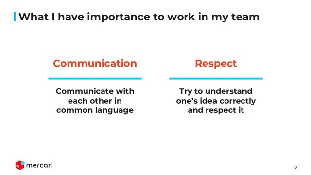 12
What I have importance to work in my team
Respect
Communication
Try to understand
one’s idea correctly
and respect it
Communicate with
each other in
common language

