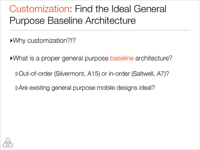 ▸Why customization?!?
▸What is a proper general purpose baseline architecture?
▹Out-of-order (Silvermont, A15) or in-order (Saltwell, A7)?
▹Are existing general purpose mobile designs ideal?
Customization: Find the Ideal General
Purpose Baseline Architecture
