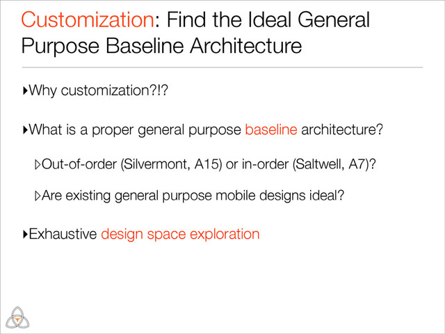 ▸Why customization?!?
▸What is a proper general purpose baseline architecture?
▹Out-of-order (Silvermont, A15) or in-order (Saltwell, A7)?
▹Are existing general purpose mobile designs ideal?
▸Exhaustive design space exploration
Customization: Find the Ideal General
Purpose Baseline Architecture
