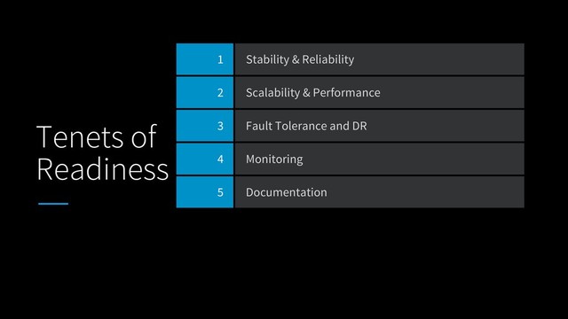 Tenets of
Readiness
1 Stability & Reliability
2 Scalability & Performance
3 Fault Tolerance and DR
4 Monitoring
5 Documentation
