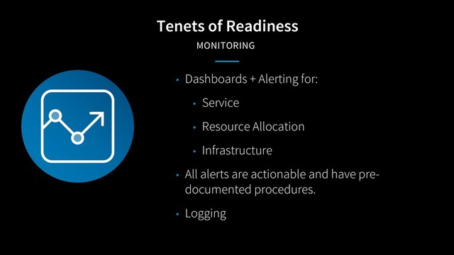 Tenets of Readiness
MONITORING
• Dashboards + Alerting for:
• Service
• Resource Allocation
• Infrastructure
• All alerts are actionable and have pre-
documented procedures.
• Logging
