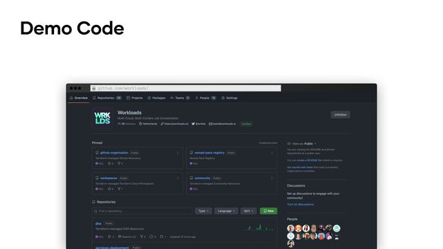 Demo Code
github.com/workloads/
