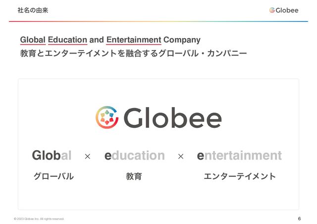 © 2023 Globee Inc. All rights reserved. 6
໊ࣾͷ༝དྷ
άϩʔόϧ ڭҭ ΤϯλʔςΠϝϯτ
Global Education and Entertainment Company
ڭҭͱΤϯλʔςΠϝϯτΛ༥߹͢ΔάϩʔόϧɾΧϯύχʔ
Global education entertainment
× ×

