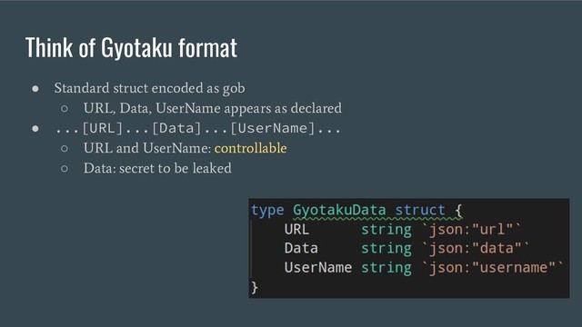 Think of Gyotaku format
●
Standard struct encoded as gob
○
URL, Data, UserName appears as declared
● ...[URL]...[Data]...[UserName]...
○
URL and UserName: controllable
○
Data: secret to be leaked
