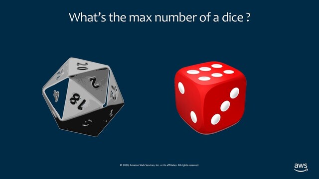 © 2020, Amazon Web Services, Inc. or its affiliates. All rights reserved.
What’s the max number of a dice ?
