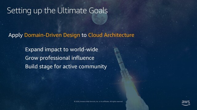 © 2020, Amazon Web Services, Inc. or its affiliates. All rights reserved.
Setting up the Ultimate Goals
Apply Domain-Driven Design to Cloud Architecture
Expand impact to world-wide
Grow professional influence
Build stage for active community
