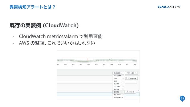 23
- CloudWatch metrics/alarm で利用可能
- AWS の監視、これでいいかもしれない
既存の実装例 (CloudWatch)
異常検知アラートとは？
23
