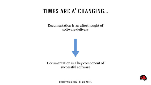 EuroPython 2015 | MIKEY ARIEL
times are a' changing...
Documentation is a key component of
successful software
Documentation is an afterthought of
software delivery
