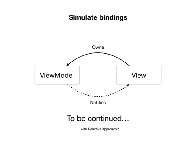 Simulate bindings
View
ViewModel
Owns
Notiﬁes
To be continued…
…with Reactive approach?
