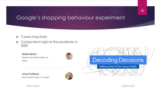 Google‘s shopping behaviour experiment
u 2 years long study
u Conducted in light of the pandemic in
2020
@florianelbers
4
#BrightonSEO
