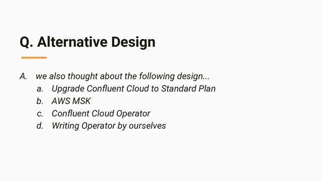Q. Alternative Design
A. we also thought about the following design...
a. Upgrade Conﬂuent Cloud to Standard Plan
b. AWS MSK
c. Conﬂuent Cloud Operator
d. Writing Operator by ourselves
