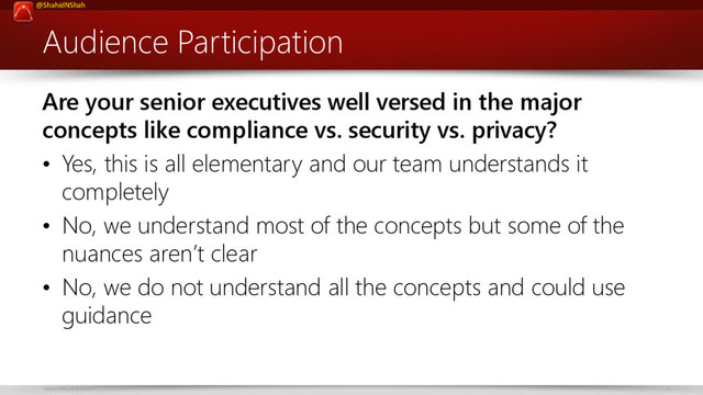 www.netspective.com 15
@ShahidNShah
Audience Participation
Are your senior executives well versed in the major
concepts like compliance vs. security vs. privacy?
• Yes, this is all elementary and our team understands it
completely
• No, we understand most of the concepts but some of the
nuances aren’t clear
• No, we do not understand all the concepts and could use
guidance
