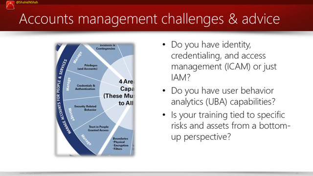 www.netspective.com 46
@ShahidNShah
Accounts management challenges & advice
• Do you have identity,
credentialing, and access
management (ICAM) or just
IAM?
• Do you have user behavior
analytics (UBA) capabilities?
• Is your training tied to specific
risks and assets from a bottom-
up perspective?
