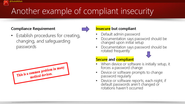 www.netspective.com 7
@ShahidNShah
Another example of compliant insecurity
Compliance Requirement
• Establish procedures for creating,
changing, and safeguarding
passwords
Insecure but compliant
• Default admin password
• Documentation says password should be
changed upon initial setup
• Documentation says password should be
rotated frequently
Secure and compliant
• When device or software is initially setup, it
forces a password change
• Device or software prompts to change
password regularly
• Device or software reports, each night, if
default passwords aren’t changed or
rotations haven’t occurred
