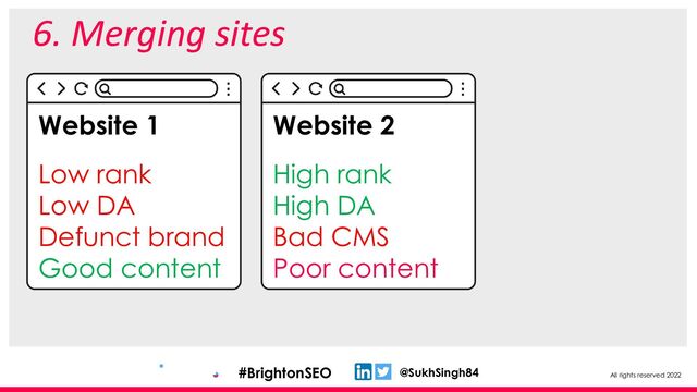 All rights reserved 2022
@SukhSingh84
#BrightonSEO
6. Merging sites
Website 1
Low rank
Low DA
Defunct brand
Good content
Website 2
High rank
High DA
Bad CMS
Poor content
