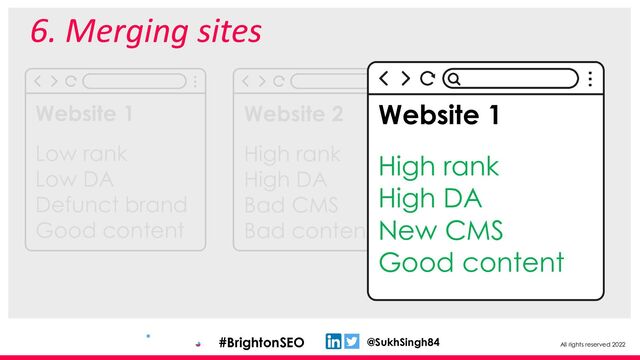 All rights reserved 2022
@SukhSingh84
#BrightonSEO
Website 2
High rank
High DA
Bad CMS
Bad content
6. Merging sites
Website 1
Low rank
Low DA
Defunct brand
Good content
Website 1
High rank
High DA
New CMS
Good content
