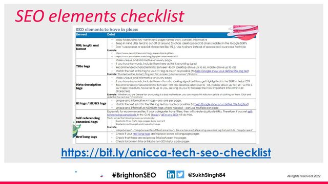 All rights reserved 2022
@SukhSingh84
#BrightonSEO
SEO elements checklist
https://bit.ly/anicca-tech-seo-checklist
