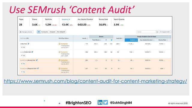 All rights reserved 2022
@SukhSingh84
#BrightonSEO
Use SEMrush ‘Content Audit’
https://www.semrush.com/blog/content-audit-for-content-marketing-strategy/
