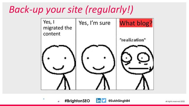 All rights reserved 2022
@SukhSingh84
#BrightonSEO
Back-up your site (regularly!)
Yes, I
migrated the
content
Yes, I’m sure What blog?
