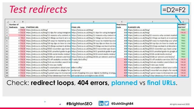 All rights reserved 2022
@SukhSingh84
#BrightonSEO
Test redirects
Check: redirect loops, 404 errors, planned vs final URLs.
=D2=F2
