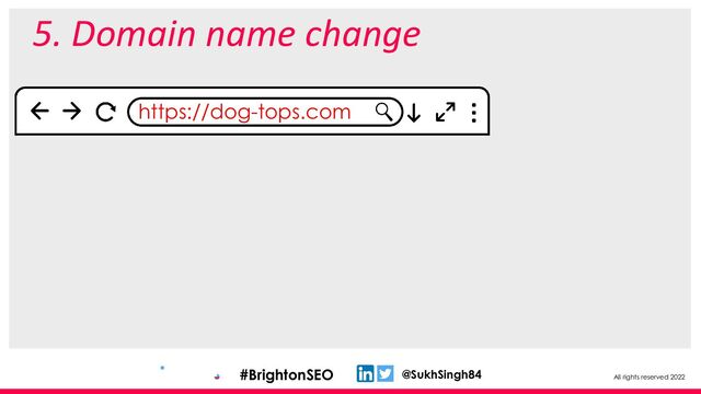 All rights reserved 2022
@SukhSingh84
#BrightonSEO
5. Domain name change
https://dog-tops.com
