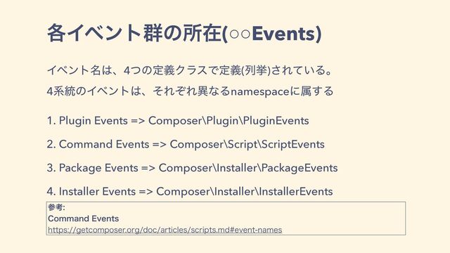 ֤Πϕϯτ܈ͷॴࡏ(○○Events)
Πϕϯτ໊͸ɺ4ͭͷఆٛΫϥεͰఆٛ(ྻڍ)͞Ε͍ͯΔɻ
4ܥ౷ͷΠϕϯτ͸ɺͦΕͧΕҟͳΔnamespaceʹଐ͢Δ
1. Plugin Events => Composer\Plugin\PluginEvents
2. Command Events => Composer\Script\ScriptEvents
3. Package Events => Composer\Installer\PackageEvents
4. Installer Events => Composer\Installer\InstallerEvents
ࢀߟ
$PNNBOE&WFOUT
IUUQTHFUDPNQPTFSPSHEPDBSUJDMFTTDSJQUTNEFWFOUOBNFT
