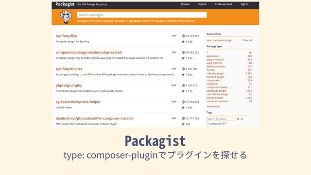 Packagist
type: composer-pluginでプラグインを探せる

