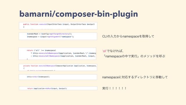bamarni/composer-bin-plugin
CLIͷೖྗ͔ΒnamespaceΛऔಘͯ͠
‘all’Ͱͳ͚Ε͹ɺ
ʮnamespaceͷதͰ࣮ߦʯͷϝιουΛݺͿ
namespaceʹରԠ͢ΔσΟϨΫτϦʹҠಈͯ͠
࣮ߦʂʂʂʂʂʂ
