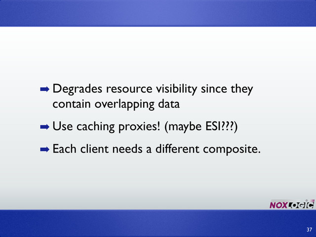 ➡ Degrades resource visibility since they
contain overlapping data
➡ Use caching proxies! (maybe ESI???)
➡ Each client needs a different composite.
37
