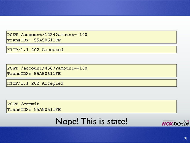 71
POST /account/1234?amount=-100
TransIDX: 55A50611FE
HTTP/1.1 202 Accepted
POST /account/4567?amount=+100
TransIDX: 55A50611FE
HTTP/1.1 202 Accepted
POST /commit
TransIDX: 55A50611FE
Nope! This is state!
