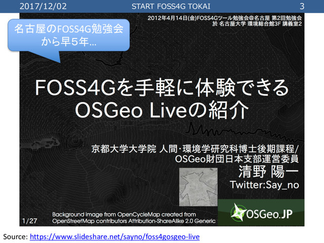 2017/12/02 START FOSS4G TOKAI 3
Source: https://www.slideshare.net/sayno/foss4gosgeo-live
名古屋のFOSS4G勉強会
から早５年…
