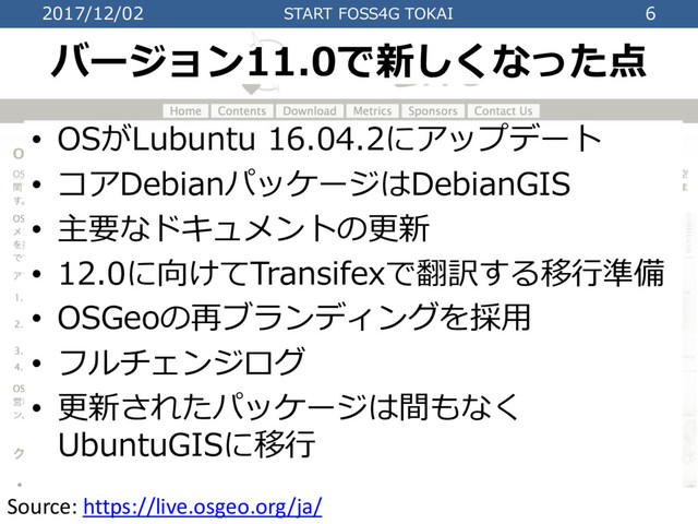 2017/12/02 START FOSS4G TOKAI 6
Source: https://live.osgeo.org/ja/
• OSがLubuntu 16.04.2にアップデート
• コアDebianパッケージはDebianGIS
• 主要なドキュメントの更新
• 12.0に向けてTransifexで翻訳する移⾏準備
• OSGeoの再ブランディングを採⽤
• フルチェンジログ
• 更新されたパッケージは間もなく
UbuntuGISに移⾏
バージョン11.0で新しくなった点
