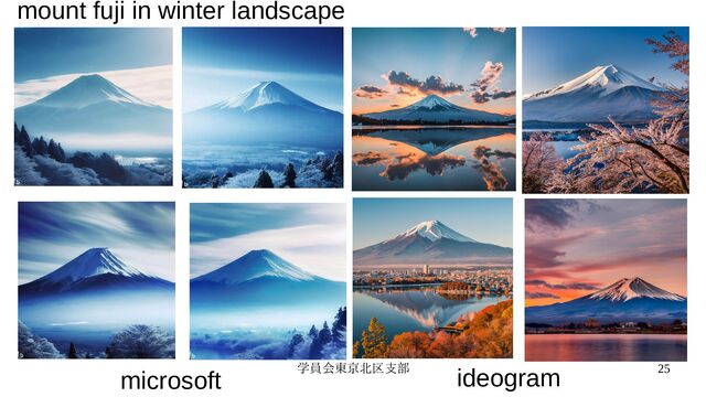学員会東京北区支部 25
mount fuji in winter landscape
microsoft ideogram
