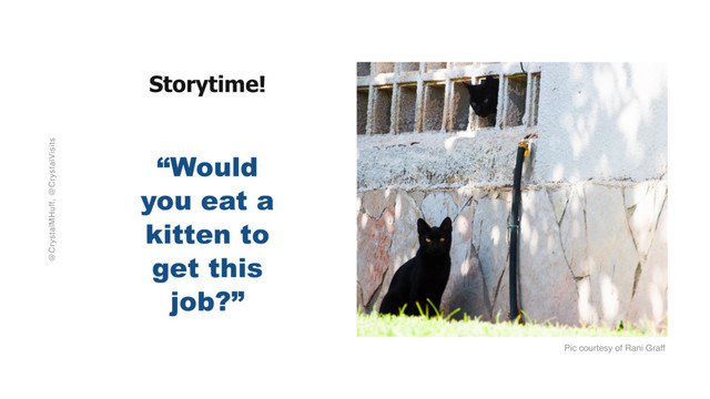 @CrystalMHuff, @CrystalVisits
Storytime!
“Would
you eat a
kitten to
get this
job?”
Pic courtesy of Rani Graff

