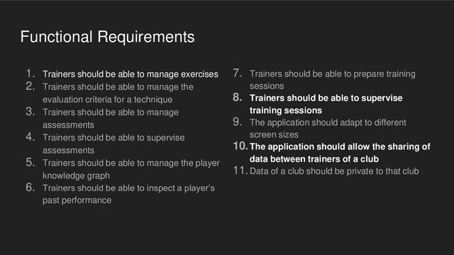 Functional Requirements
1. Trainers should be able to manage exercises
2. Trainers should be able to manage the
evaluation criteria for a technique
3. Trainers should be able to manage
assessments
4. Trainers should be able to supervise
assessments
5. Trainers should be able to manage the player
knowledge graph
6. Trainers should be able to inspect a player’s
past performance
7. Trainers should be able to prepare training
sessions
8. Trainers should be able to supervise
training sessions
9. The application should adapt to different
screen sizes
10.The application should allow the sharing of
data between trainers of a club
11.Data of a club should be private to that club
