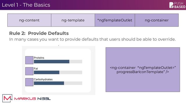 Level 1 - The Basics
Rule 2: Provide Defaults
In many cases you want to provide defaults that users should be able to override.
ng-content ng-template ng-container
*ngTemplateOutlet


