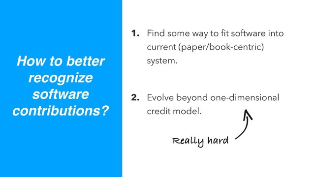 1. Find some way to ﬁt software into
current (paper/book-centric)
system.
2. Evolve beyond one-dimensional
credit model.
How to better
recognize
software
contributions?
Really hard
