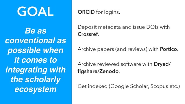 Be as
conventional as
possible when
it comes to
integrating with
the scholarly
ecosystem
GOAL ORCID for logins.
Deposit metadata and issue DOIs with
Crossref.
Archive papers (and reviews) with Portico.
Archive reviewed software with Dryad/
ﬁgshare/Zenodo.
Get indexed (Google Scholar, Scopus etc.)
