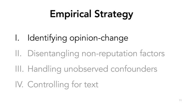 Empirical Strategy
11
I. Identifying opinion-change
II. Disentangling non-reputation factors
III. Handling unobserved confounders
IV. Controlling for text
