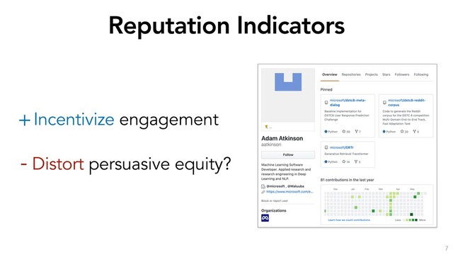 Incentivize engagement
Distort persuasive equity?
Reputation Indicators
+
-
7
