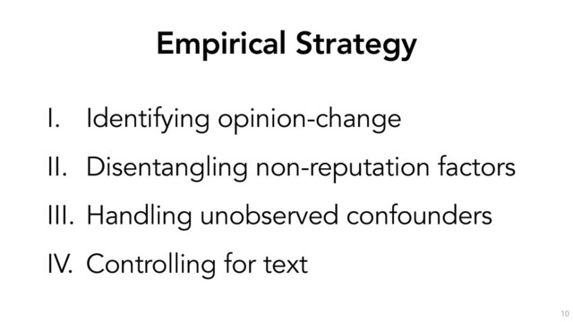 Empirical Strategy
10
I. Identifying opinion-change
II. Disentangling non-reputation factors
III. Handling unobserved confounders
IV. Controlling for text

