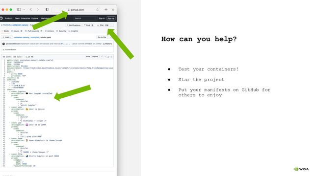 How can you help?
● Test your containers!
● Star the project
● Put your manifests on GitHub for
others to enjoy
