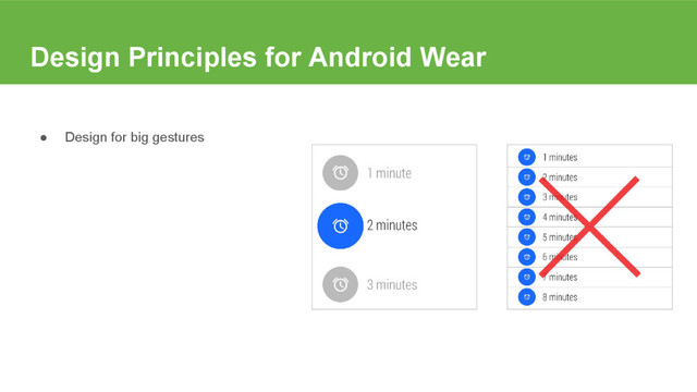 Design Principles for Android Wear
● Design for big gestures
