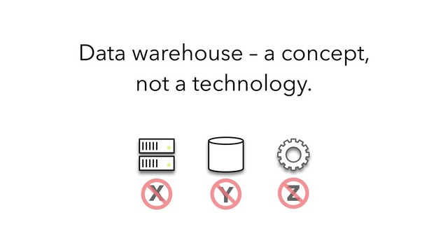 Data warehouse – a concept,
not a technology.
X Y Z
