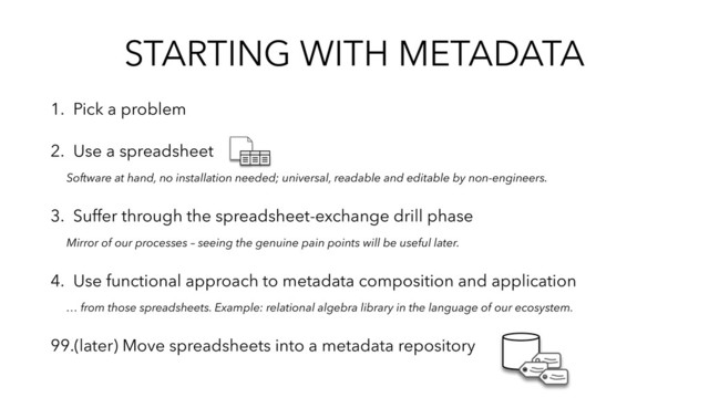 STARTING WITH METADATA
1. Pick a problem
2. Use a spreadsheet
Software at hand, no installation needed; universal, readable and editable by non-engineers.
3. Suffer through the spreadsheet-exchange drill phase
Mirror of our processes – seeing the genuine pain points will be useful later.
4. Use functional approach to metadata composition and application
… from those spreadsheets. Example: relational algebra library in the language of our ecosystem.
99.(later) Move spreadsheets into a metadata repository
