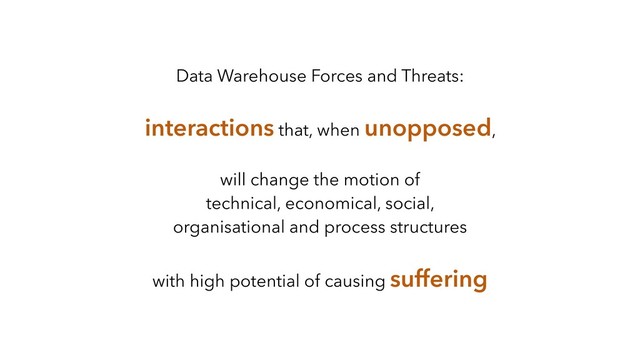 Data Warehouse Forces and Threats:
interactions that, when unopposed,
will change the motion of
technical, economical, social,
organisational and process structures
with high potential of causing suffering
