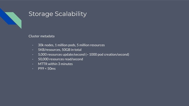 Storage Scalability
Cluster metadata
- 30k nodes, 1 million pods, 5 million resources
- 5KB/resources, 50GB in total
- 5,000 resources update/second (~ 1000 pod creation/second)
- 50,000 resources read/second
- MTTR within 3 minutes
- P99 < 50ms
